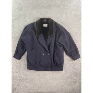 Vintage International Scene Coat Women 13/14 Blue Wool Fur Lined Double Breasted
